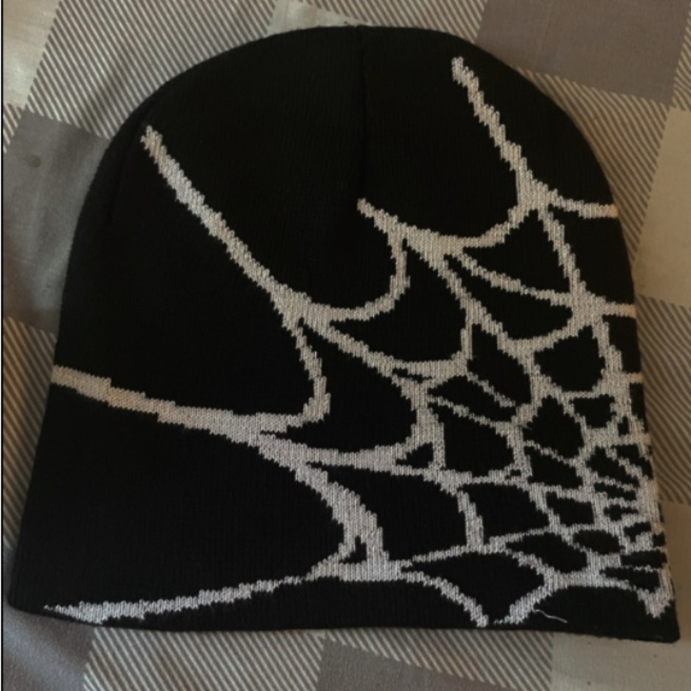 Black Beanie with White Spiderweb Design
